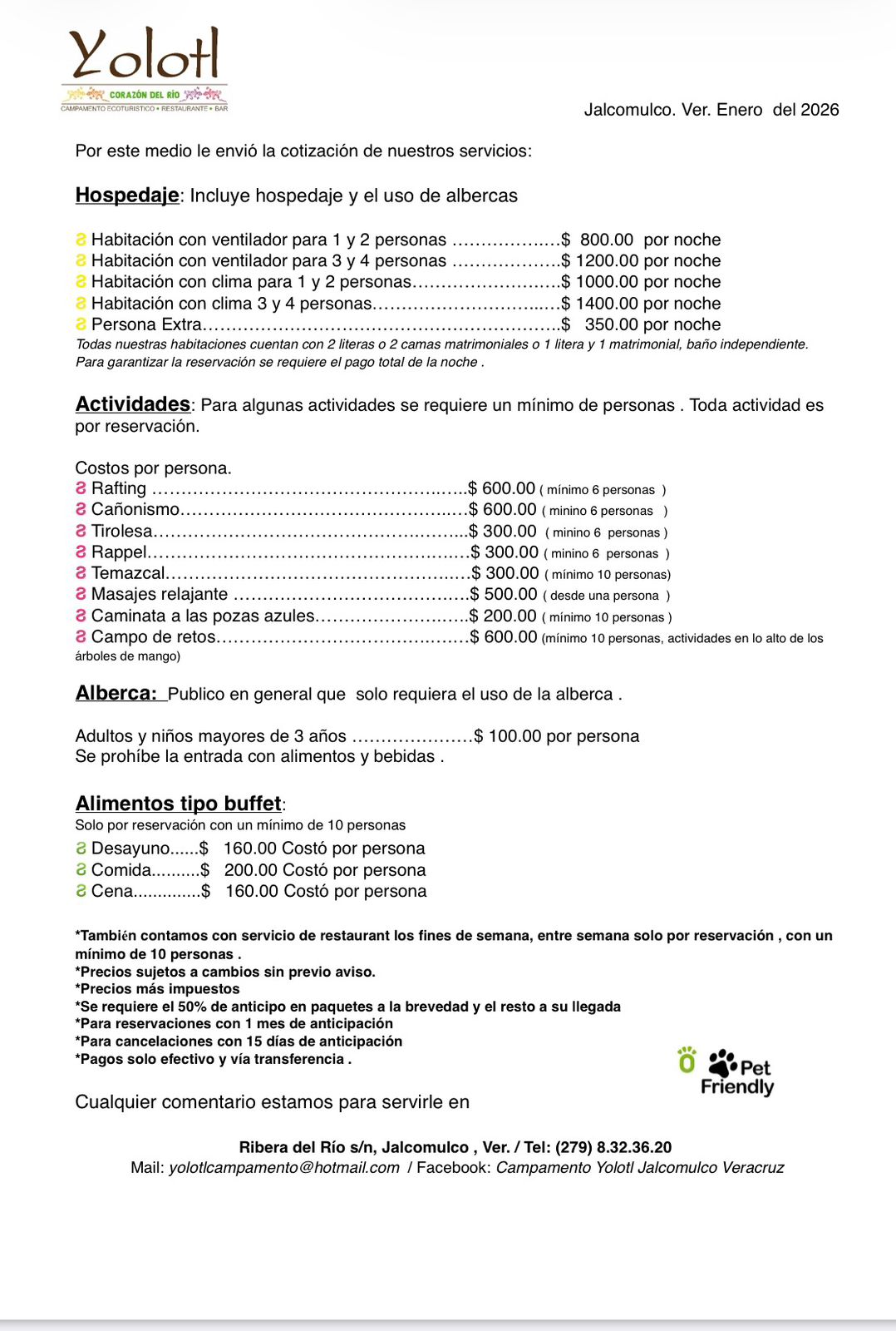 TARIFAS CAMPAMENTO YOLOTL